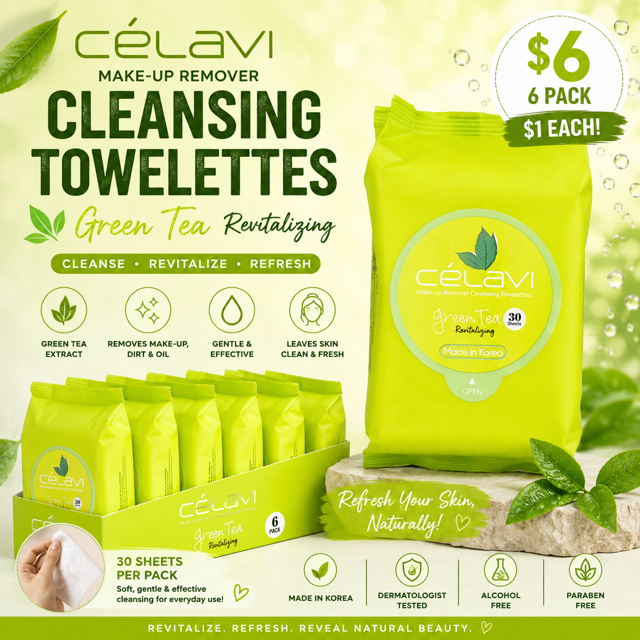 6PCS CELAVI GREEN TEA MAKE-UP REMOVER CLEANSING TOWELETTES MT003