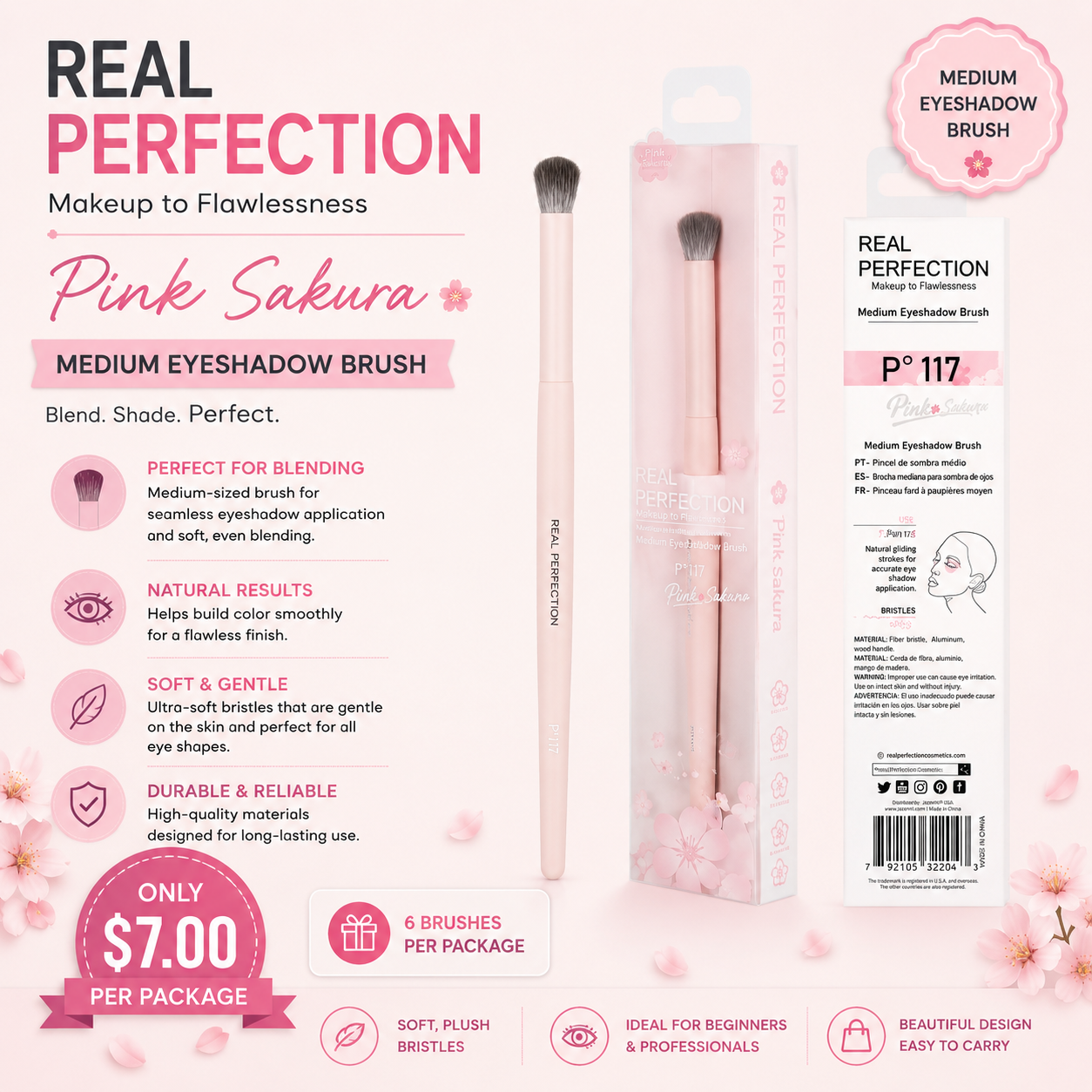6PCS PACK REAL PERFECTION PINK SAKURA MEDIUM EYESHADOW BRUSH P-117