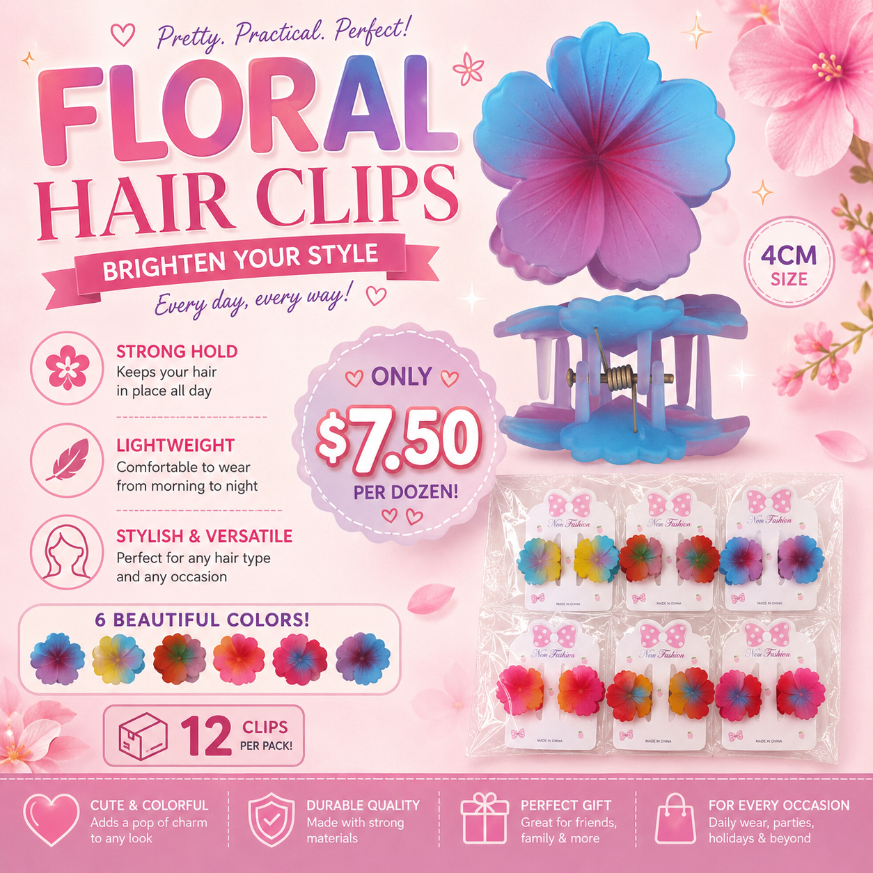 12PCS PACK OMBRE FASHION FLOWERS MINI HAIR CLIP DHC-1185