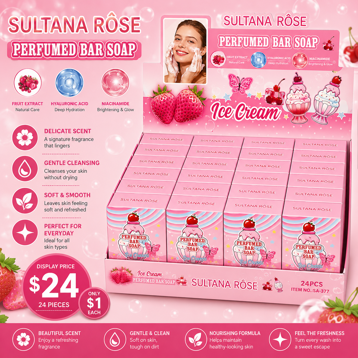24PCS DISPLAY SULTANA RÔSE FRAGRANCE ICE CREAM BAR SOAP SA-377