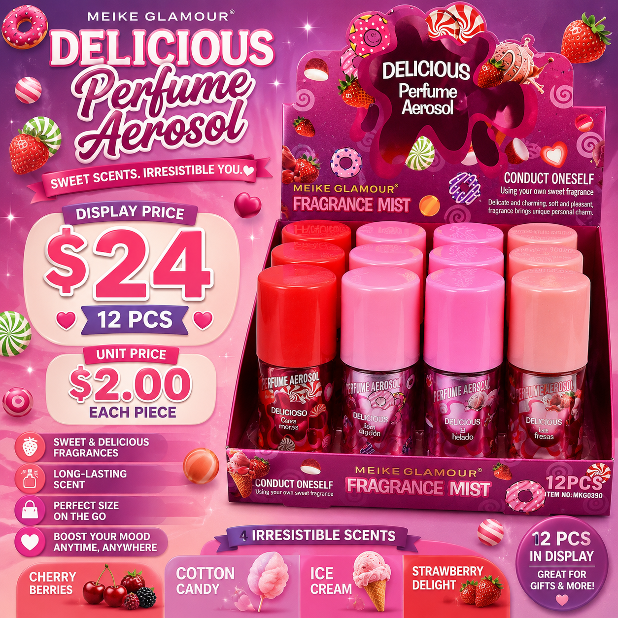 12PCS DISPLAY MEIKE GLAMOUR PERFUME AEROSOL CAKE FRAGRANCE MKG0390