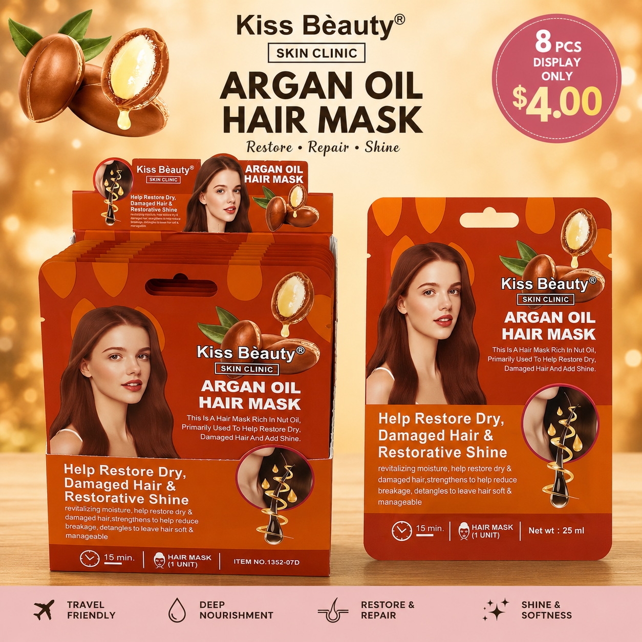 8 PCS DISPLAY KISS BEAUTY ARGAN OIL HAIR MASK 1352-07D