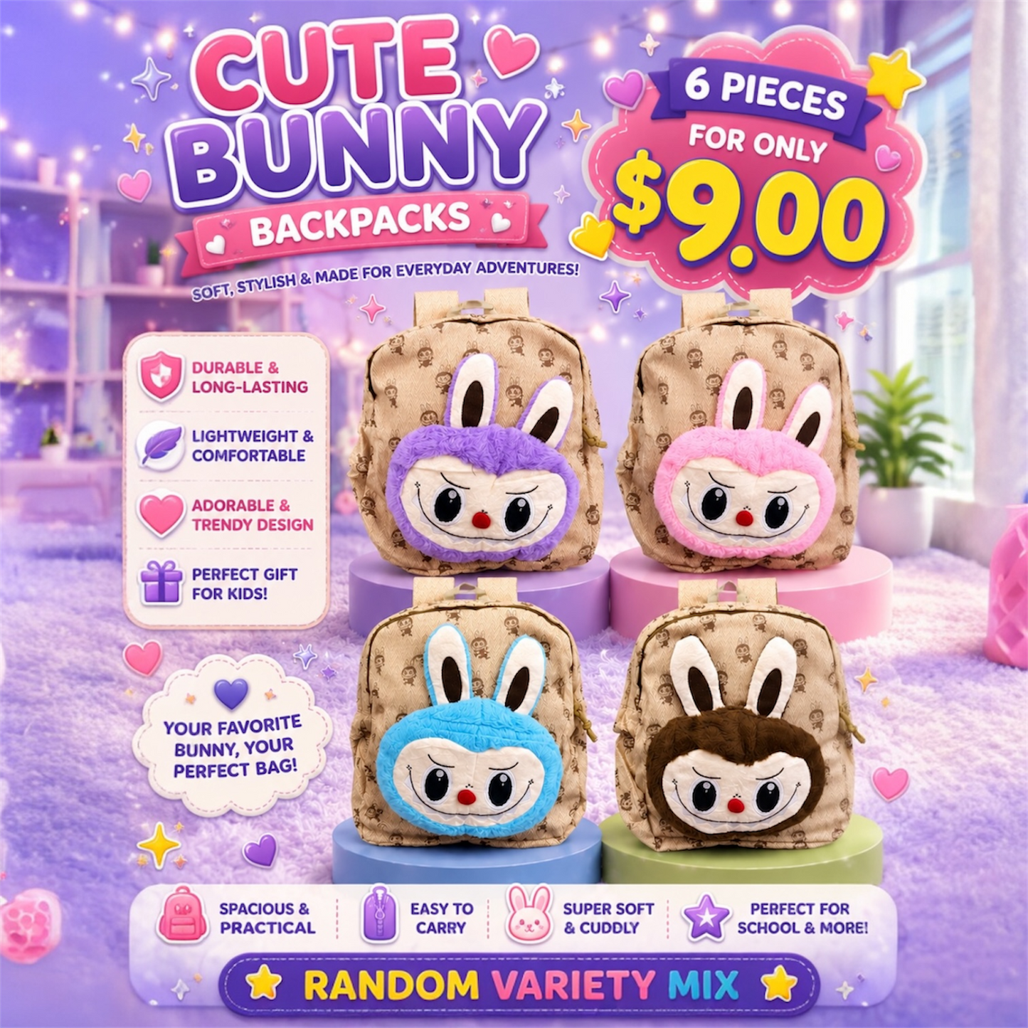 6PCS CUTE MONSTER PLUSH BACKPACKS MIX COLOR BUNDLE