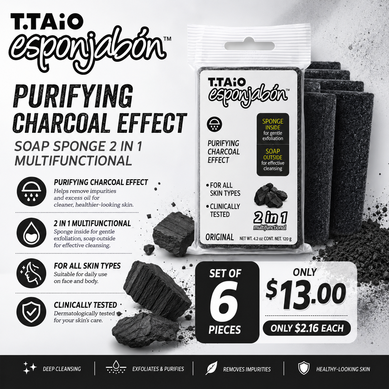 6PCS T.TAIO ESPONJABON CHARCOAL 8410