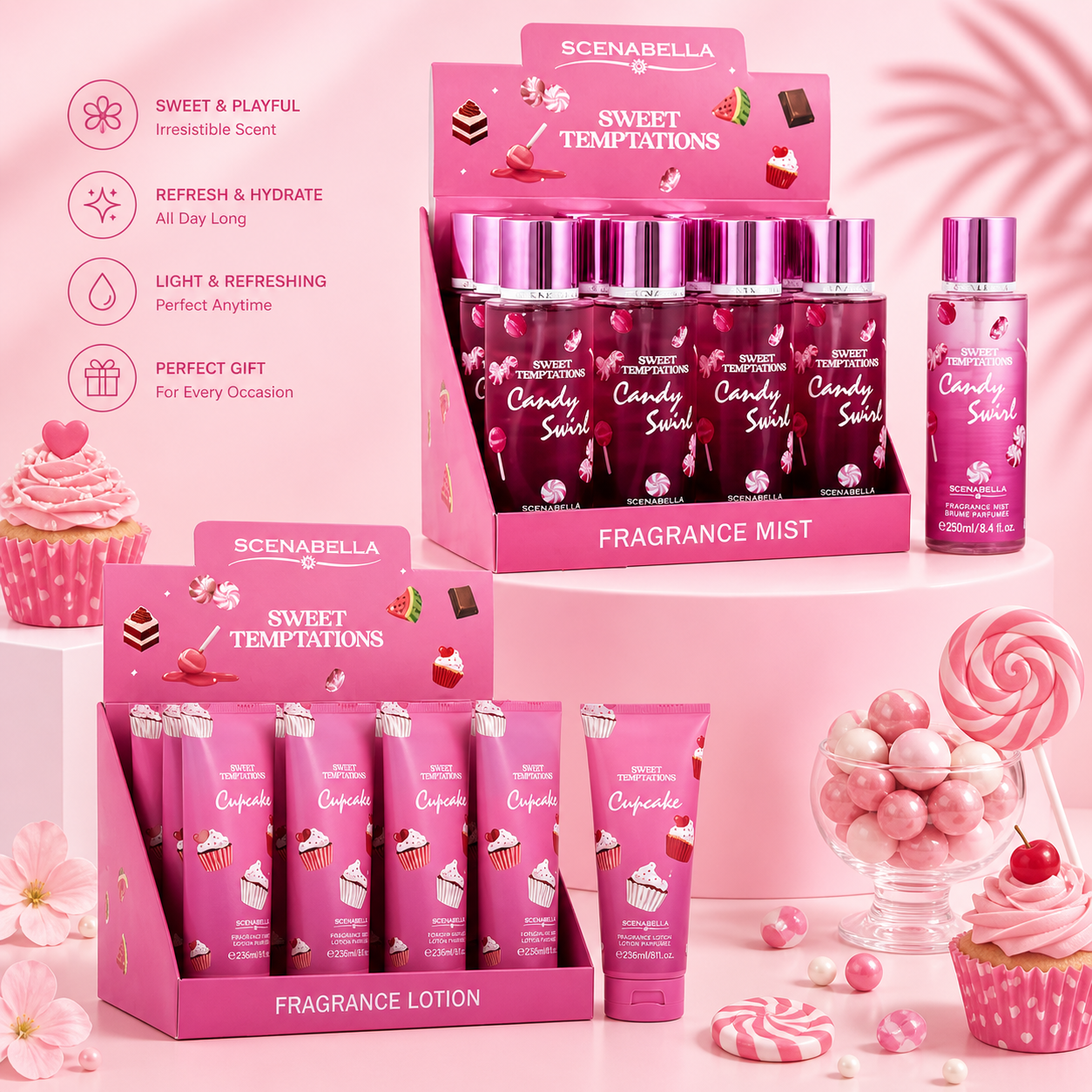 2 DISPLAYS 12PCS EACH 1 SPRAY 1 CREAM SCENA BELLA SWEET TEMPTATION CUPCAKE BODY MIST & BODY LOTION