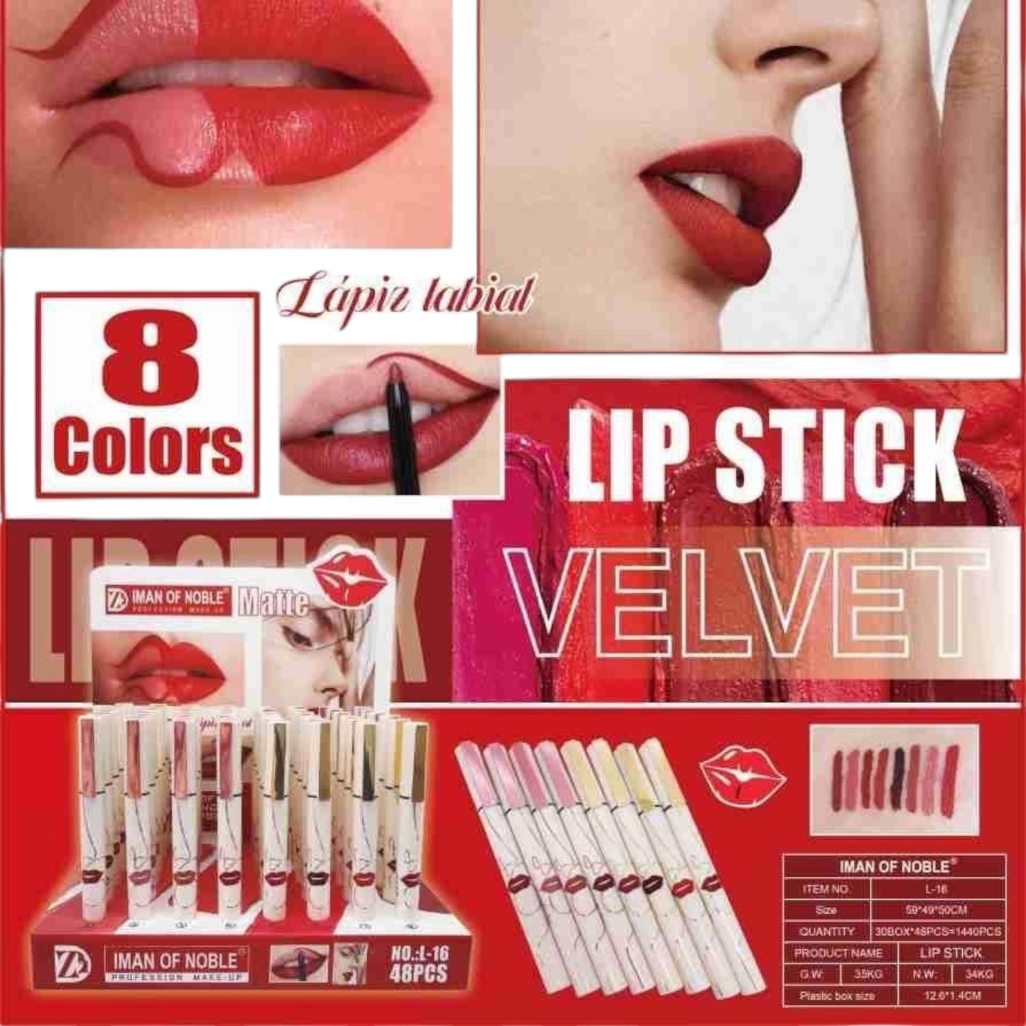 IMÁN OF NOBLE LIP STICK VELVET 8 PCS PACK