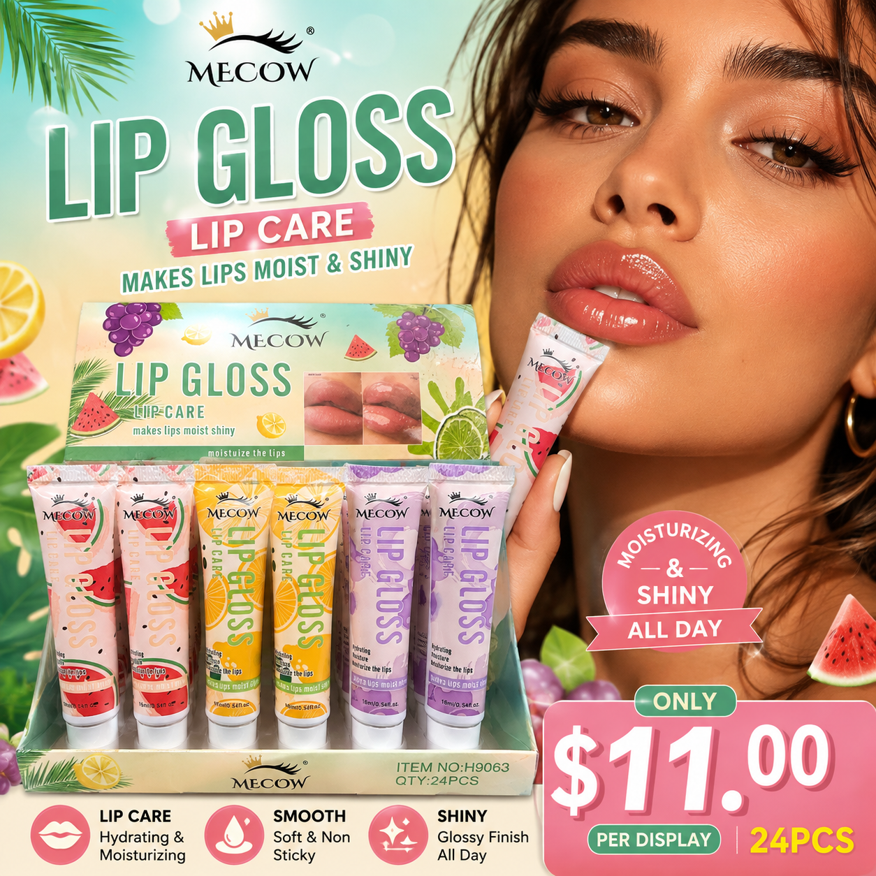 24PCS DISPLAY MECOW FRUITY FRUIT LIP CARE LIP GLOSS H9063