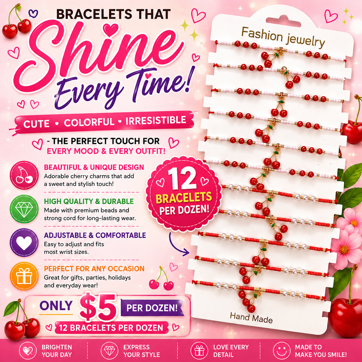 12PCS PACK SMALL CHERRY STRING BRACELET 4380
