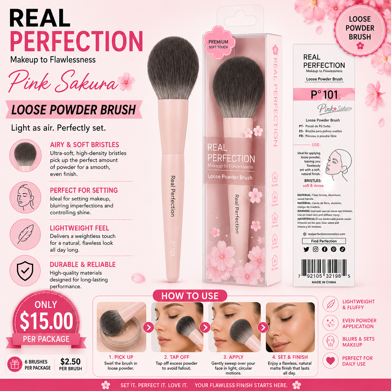 6PCS PACK REAL PERFECTION PINK SAKURA LOOSE POWDER BRUSH P-101