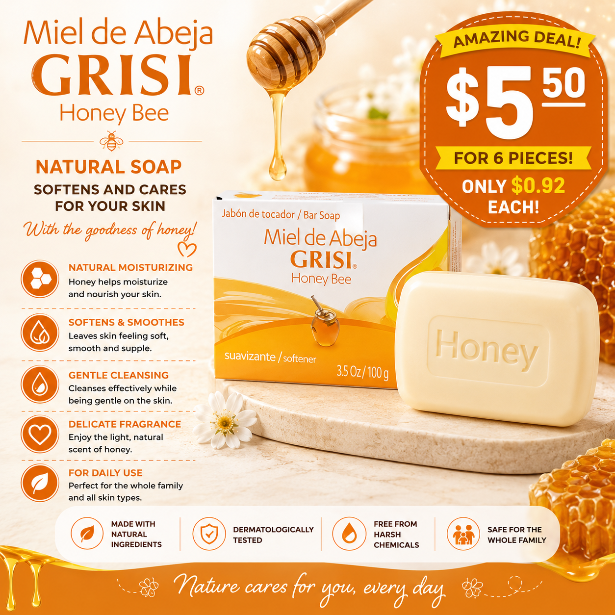 6 PCS GRIS JABÓN MIEL DE ABEJA 0010