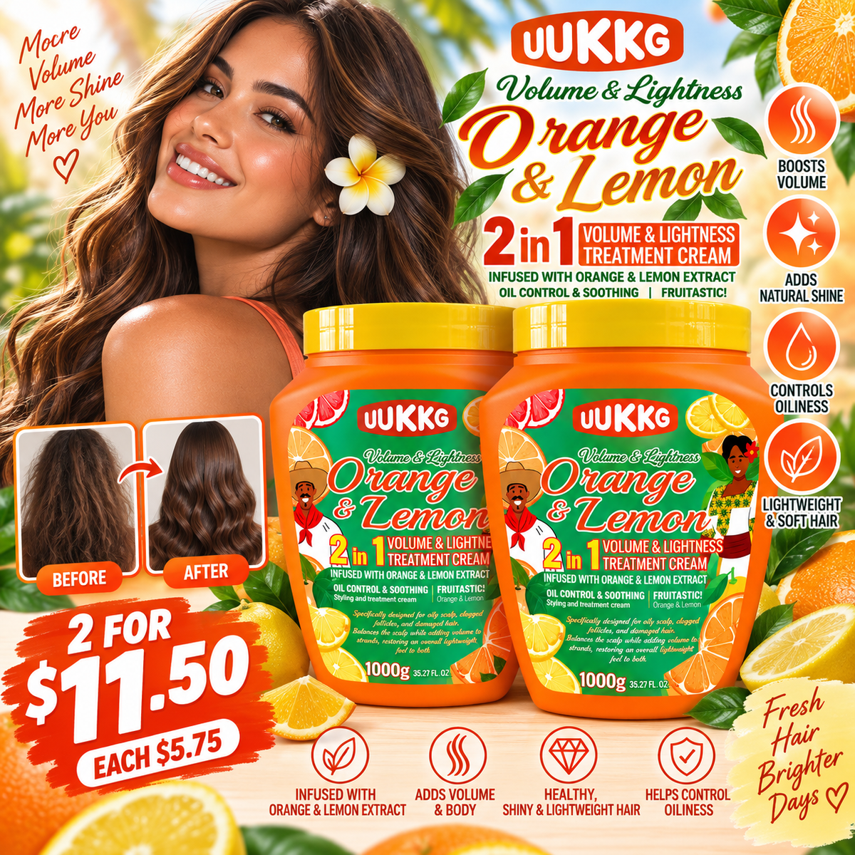 2PCS UUKKG ORANGE & LEMON VOLUME & LIGHTNESS HAIR TREATMENT CREAM UU4091