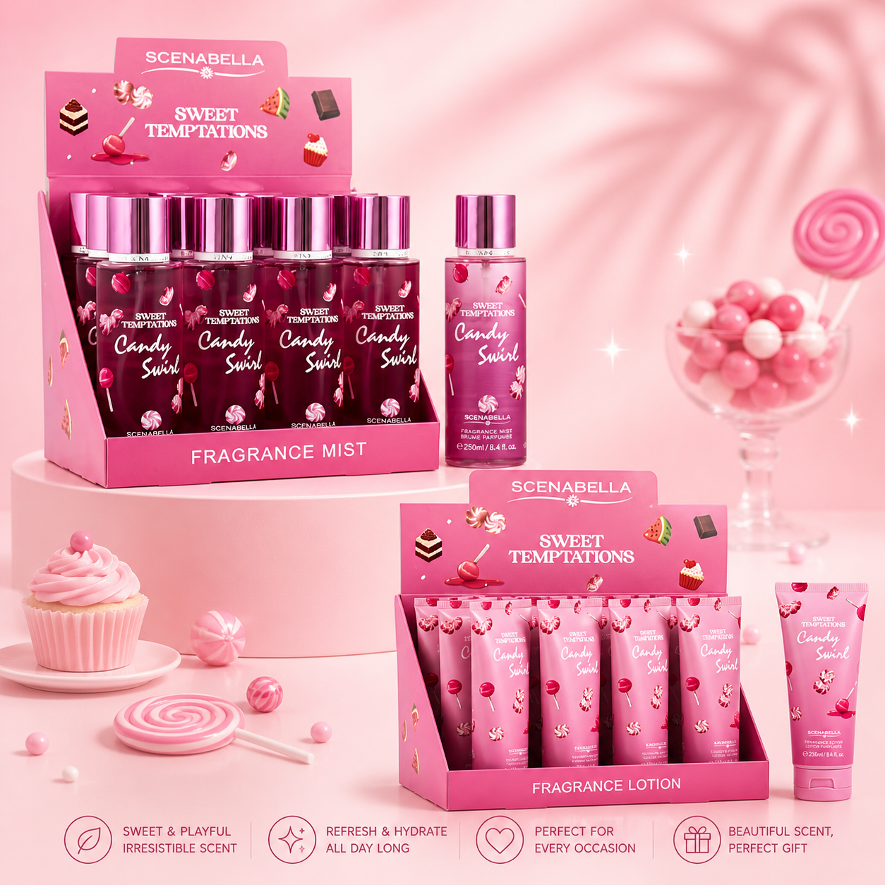 2 DISPLAYS 12PCS EACH 1 SPRAY 1 CREAM SCENA BELLA SWEET TEMPTATION CANDY SWIRL BODY MIST & BODY LOTION
