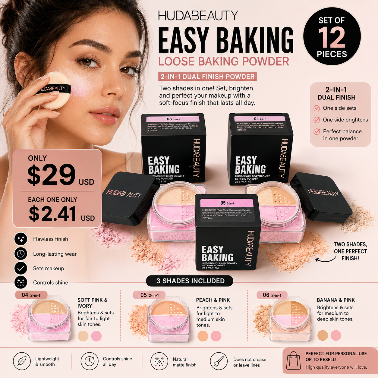 12PCS BOX HUDABEAUTY SOFTENING POWDER EASY BAKING DUAL COLORS 2 in 1 H76049
