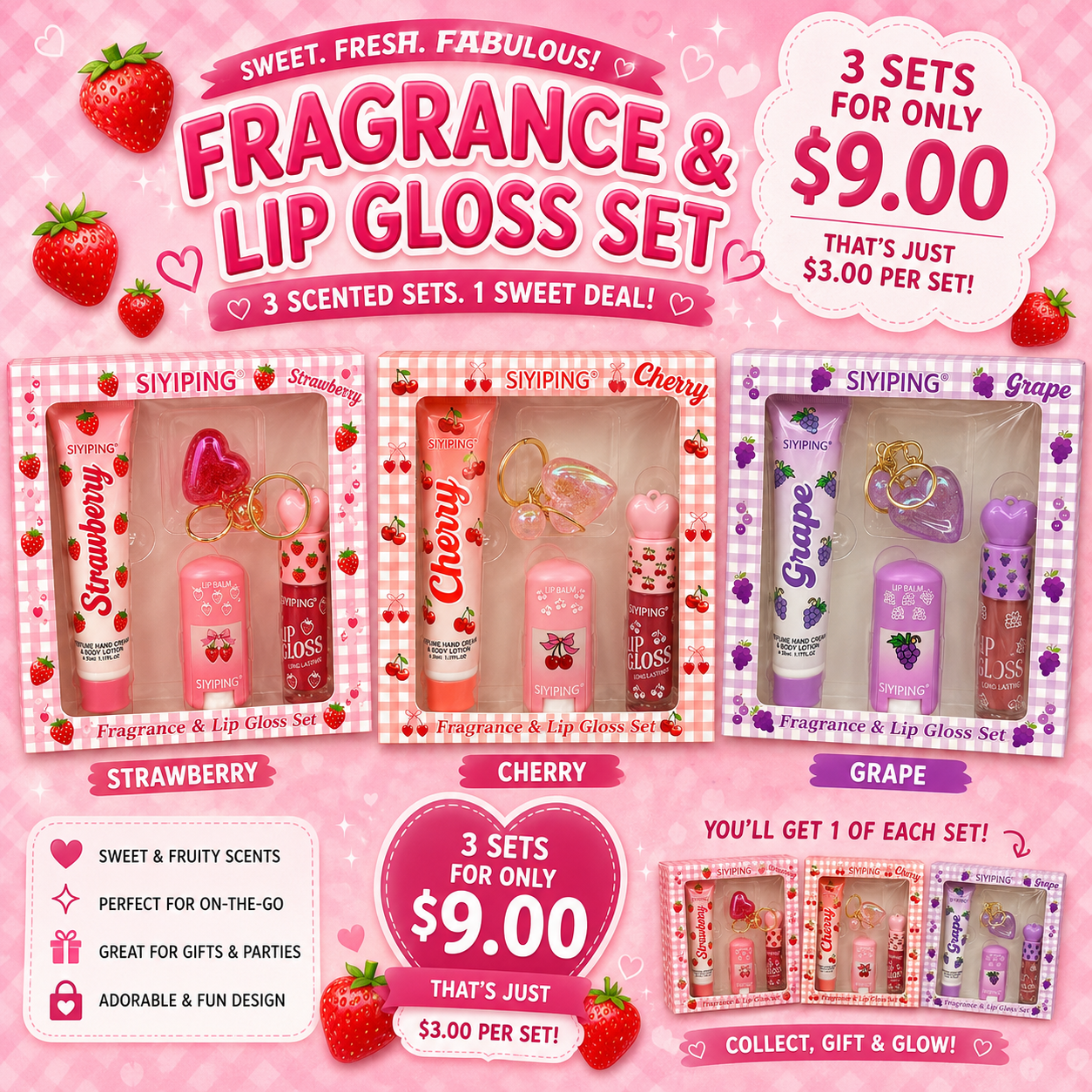 3PCS SET SIYIPING CHERRY, GRAPE & STRAWBERRY FRAGRANCE & LIP GLOSS DUO SET