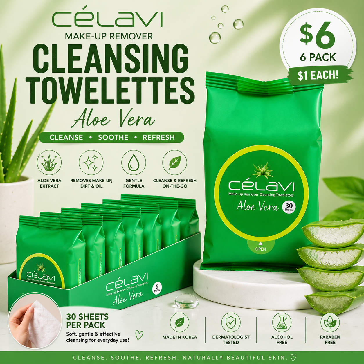 6PCS DISPLAY CELAVI ALOE VERA MAKE-UP REMOVER CLEANSING TOWELETTES MT001