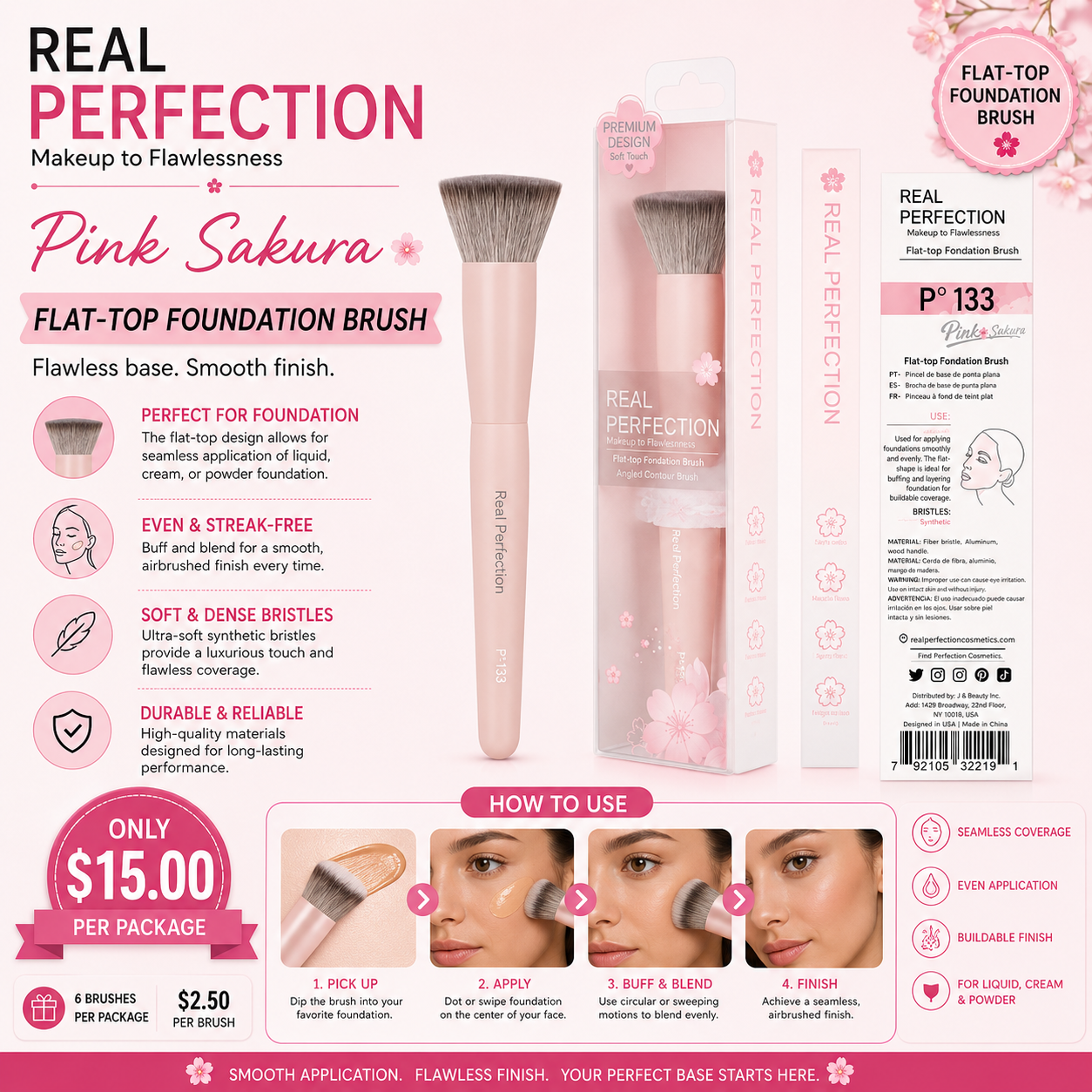 6PCS PACK REAL PERFECTION PINK SAKURA FLAT-TOP FOUNDATION BRUSH P-133