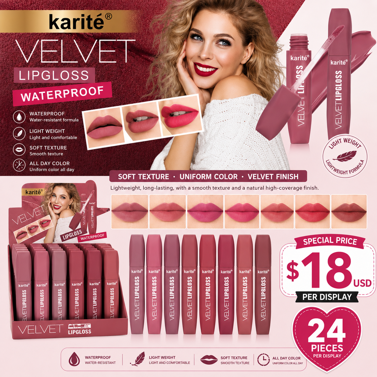24PCS DISPLAY KARITE WATERPROOF LIP GLOSS 7878-47E