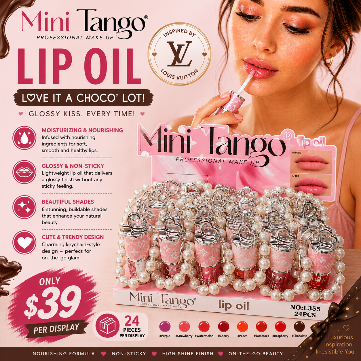 24PCS MINI TANGO LIP OIL INSPO LV WITH CUTE KEYCHAIN