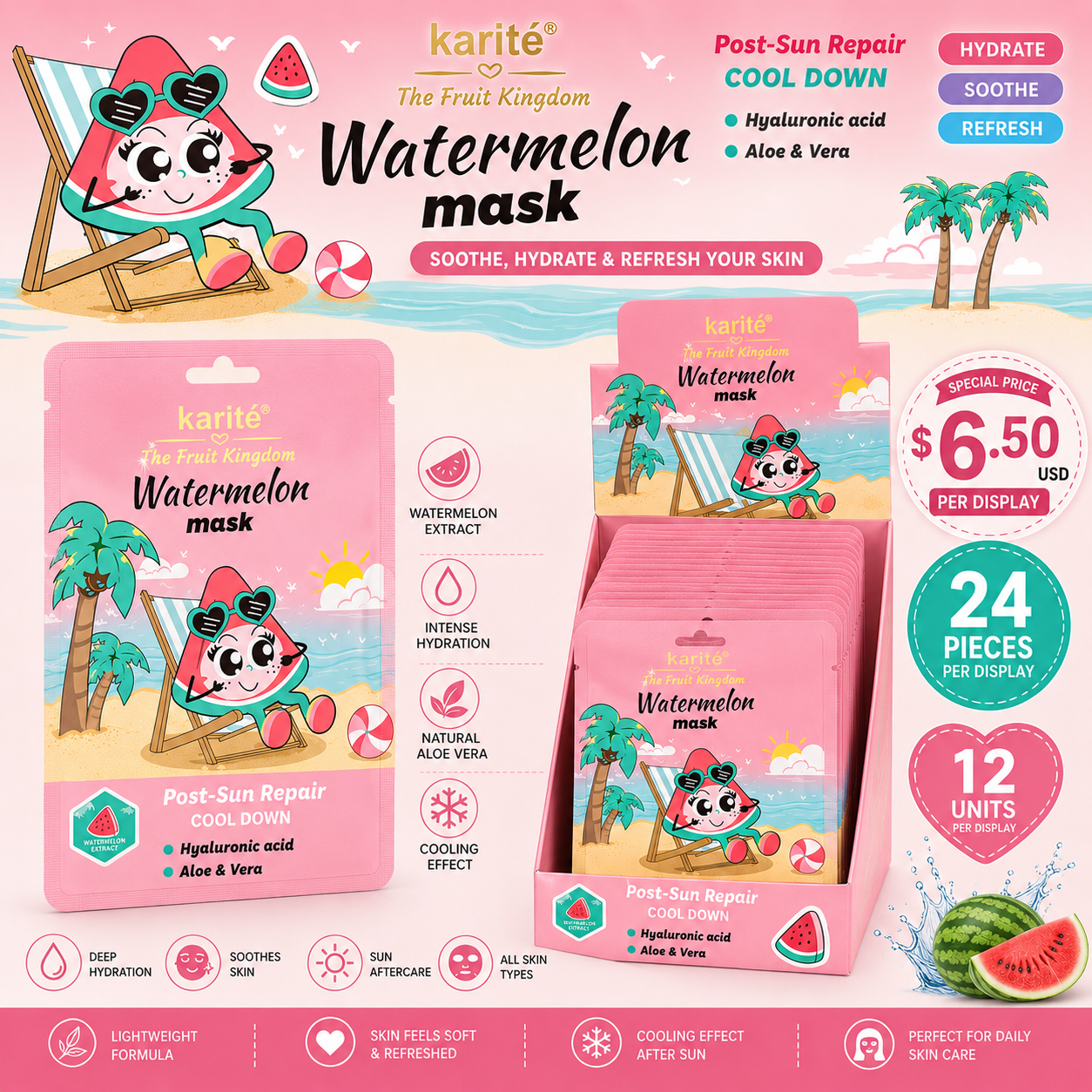 24PCS DISPLAY KARITE WATERMELON HYALURONIC ACID & ALOE VERA FACE MASK 1610-47A