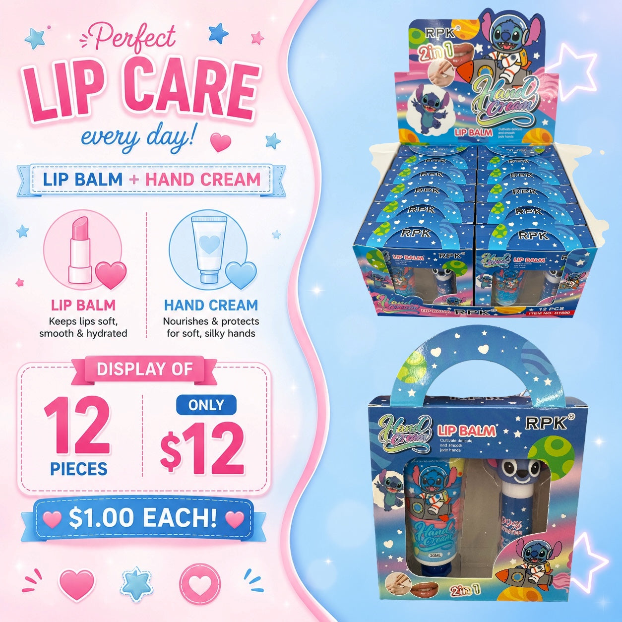 12PCS DISPLAY RPK 2 IN 1 LIP BALM & HAND CREAM BLUE GUY H1690
