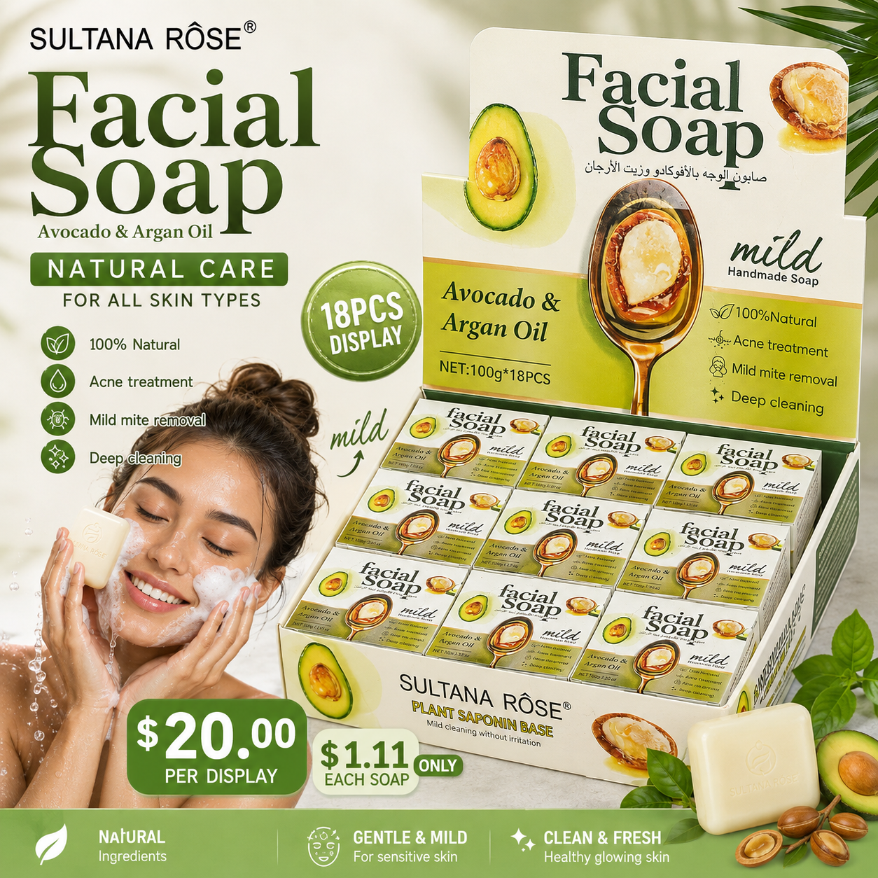 18PCS DISPLAY SULTANA ROSE AVOCADO & ARGAN OIL FACIAL SOAP SA-240