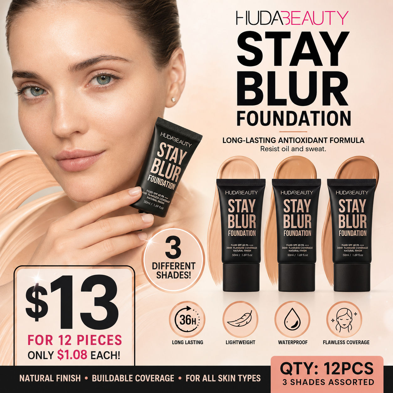 12PCS DISPLAY HUDABEAUTY FOUNDATION STAY BLUR SPF 60+