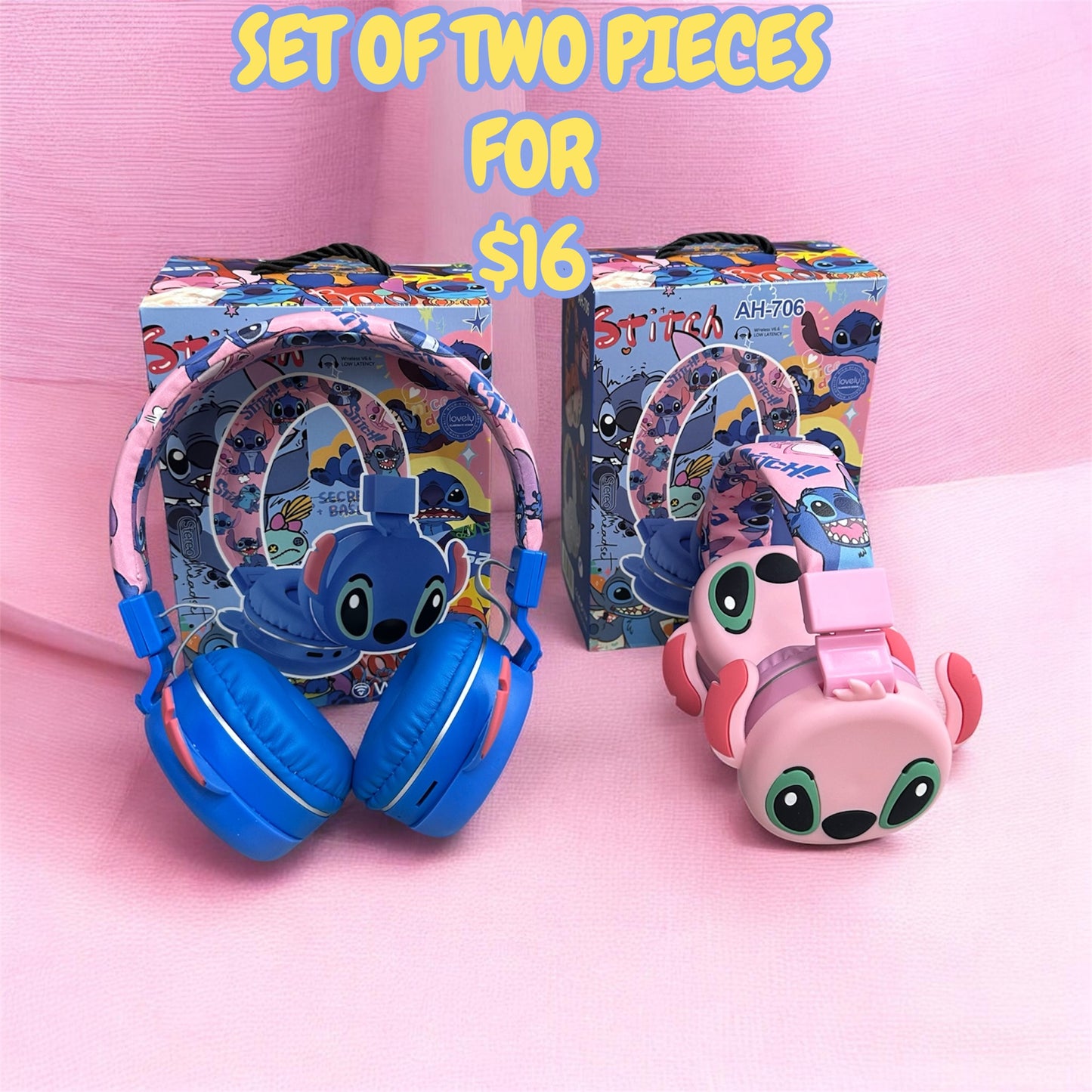 2PCS BLUE GUY & PINK GIRL WIRELESS HEADPHONE 0017