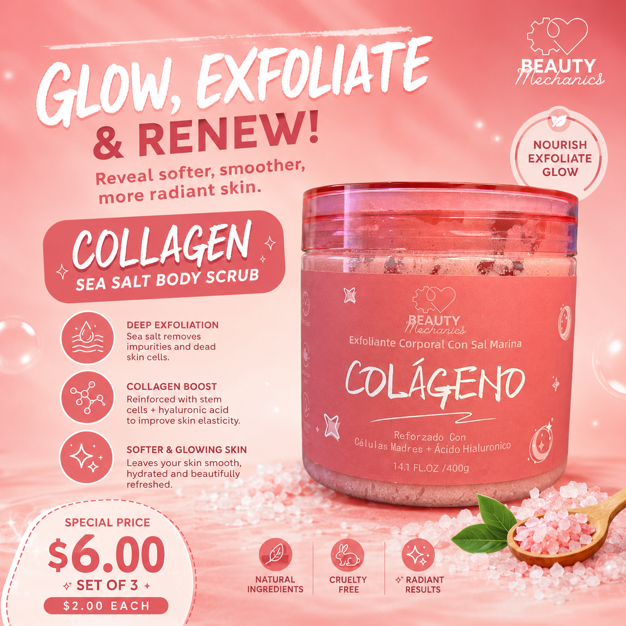 3PCS BEAUTY MECHANICS COLLAGEN SEA SALT BODY SCRUB 8341
