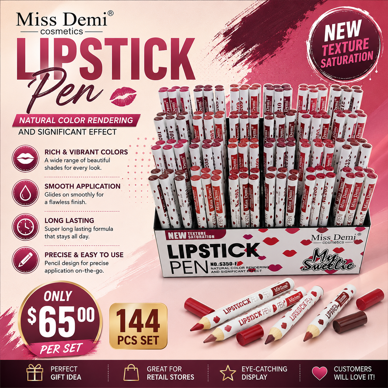 144PCS DISPLAY MISS DEMI KISSY LIPS MULTI USE EYE AND LIPSTICK S-350 -F