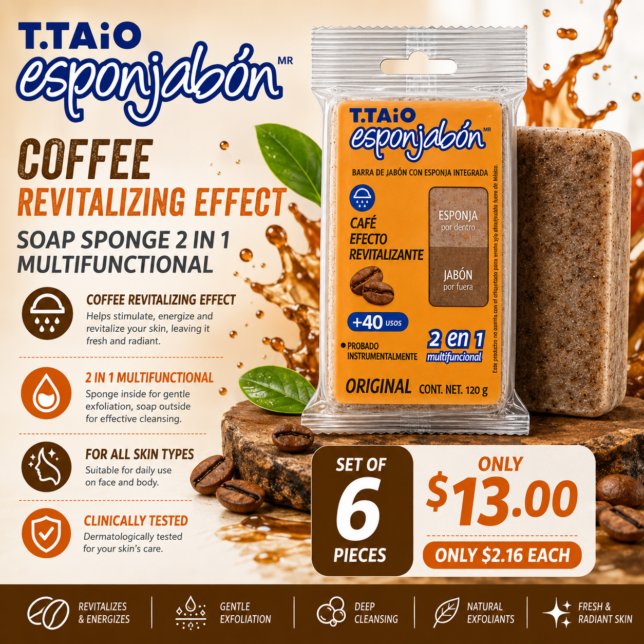 6PCS T.TAIO ESPONJABON COFFEE/ CAFE EFECTO REVITALIZANTE 2019