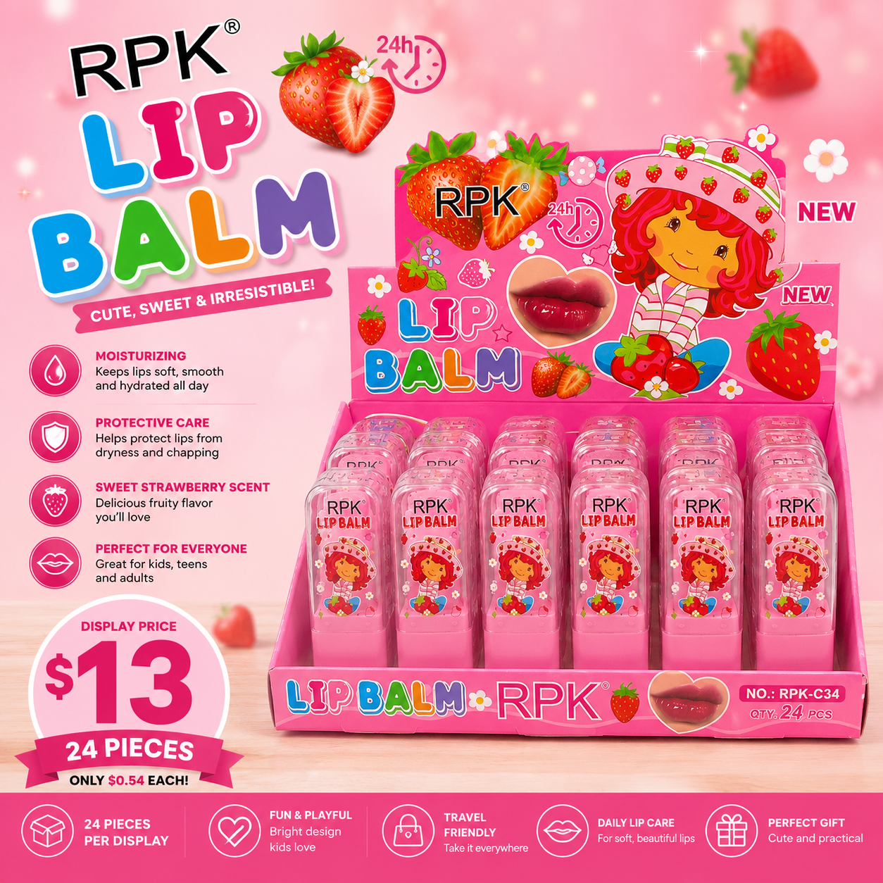 24PCS DISPLAY RPK STRAWBERRY GIRL LIP BALM RPK-C34