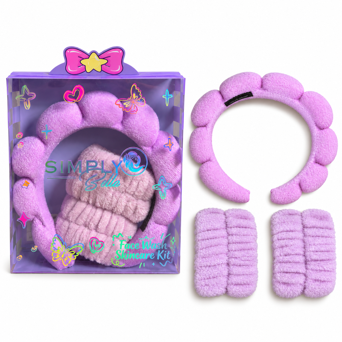 Diadema de spa y muñequeras Simply Bella moradas