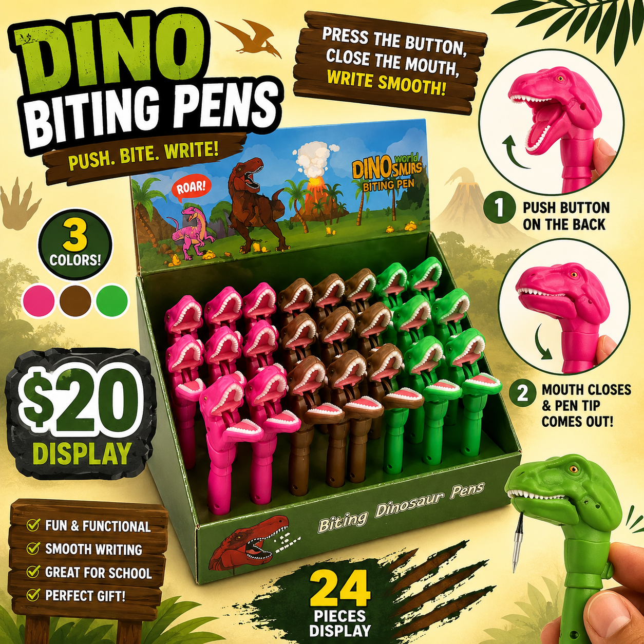 24PCS DISPLAY BITTING DINOSAURS PENS 0104