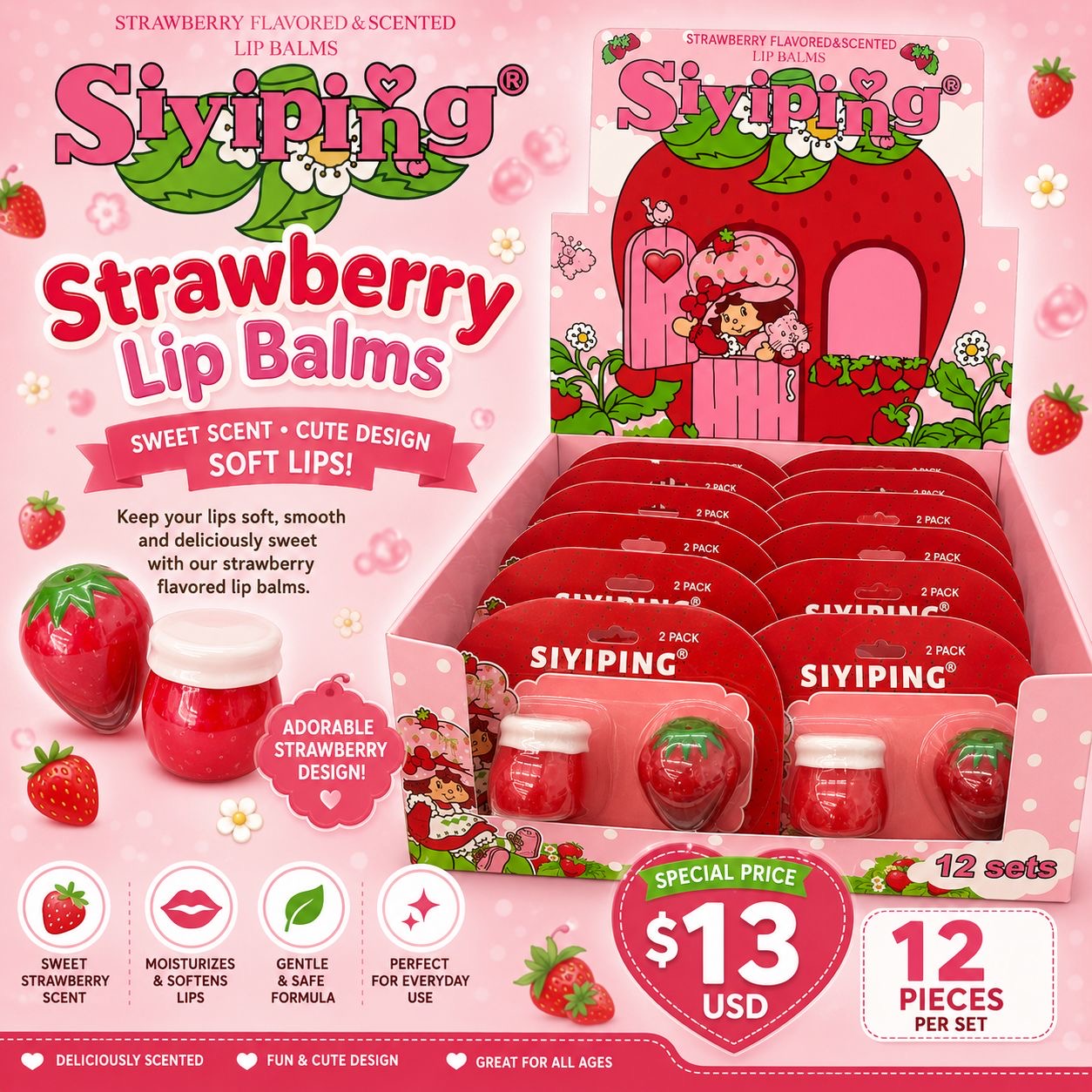 12PCS DISPLAY SIYIPING STRAWBERRY GIRL LIP SET SYP-LG061