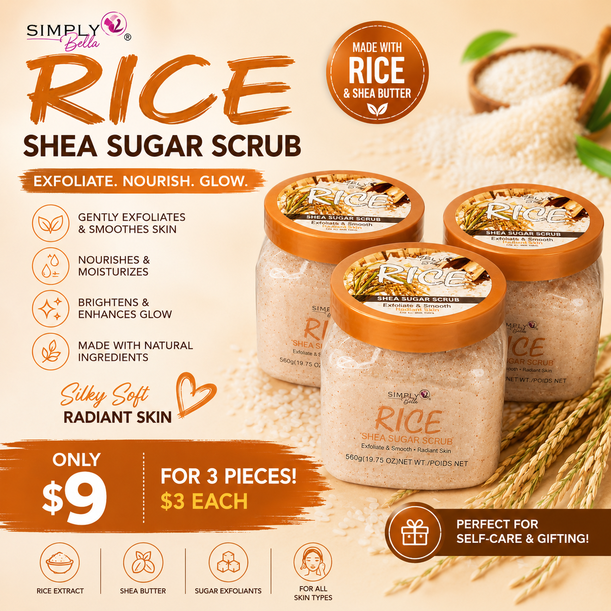 3PCS SIMPLY BELLA RICE SHEA SUGAR SCRUB SIB1002