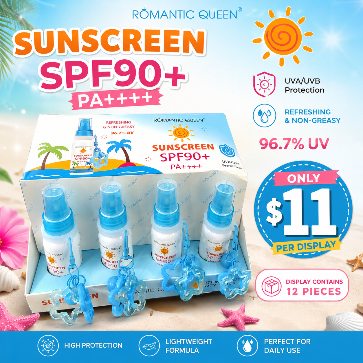 12PCS ROMANTIC QUEEN SPRAY SUNSCREEN SPF90+ UVA/UVB S057