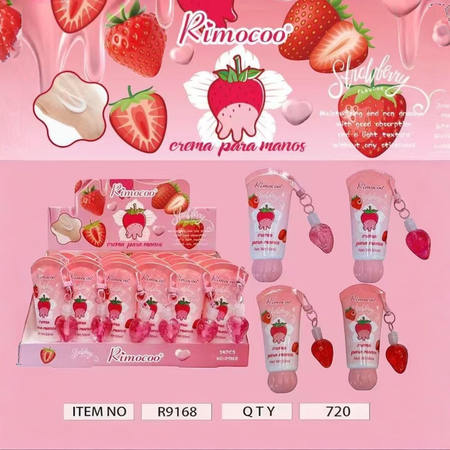 24PCS RIMOCOO STRAWBERRY HAND CREAM + DANGLE KEYCHAIN R9168