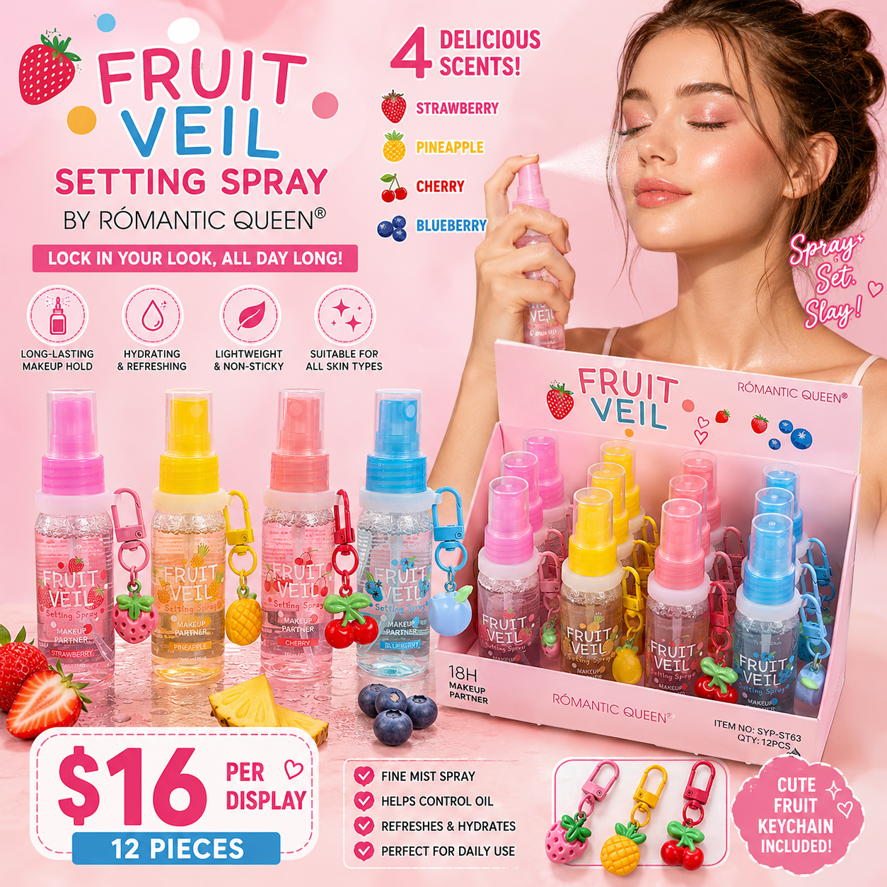 12PCS DISPLAY ROMANTIC QUEEN SETTING SPRAY FRUIT VEIL S063