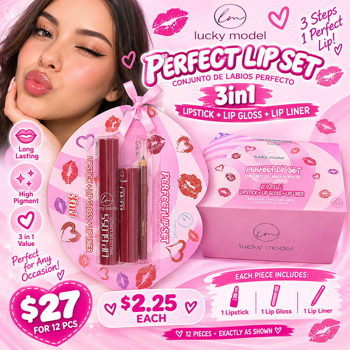 12PCS DISPLAY LUCKY MODEL KISS 3 IN 1 LIP KIT ML8133B