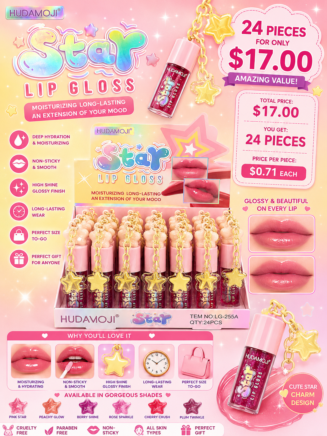 24PC DISPLAY HUDA BEAUTY STAR LIP GLOSS LG-255A