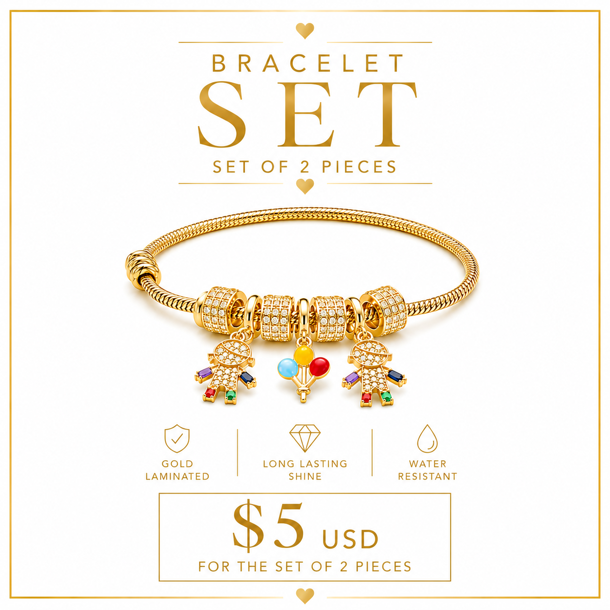 2PCS ORO LAMINADO BETTER TOGETHER KIDS BLING DANGLE CHARM BRACELET #JB1076
