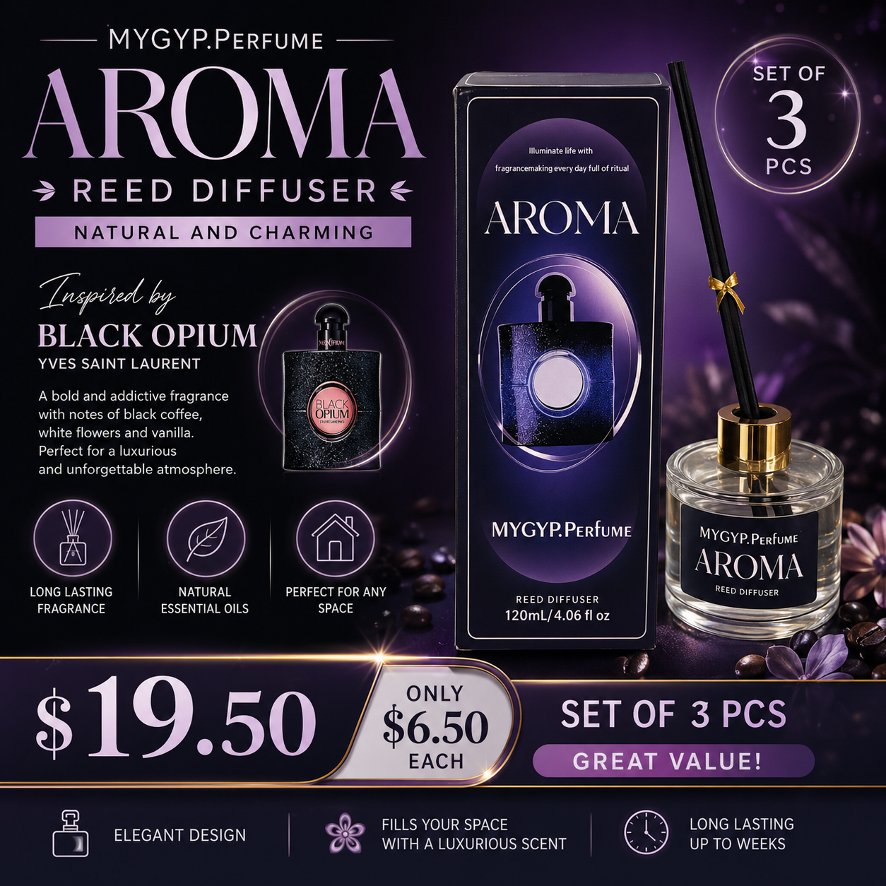 3PCS SET REED DIFFUSER INSPO BY BLACK OPIUM 005