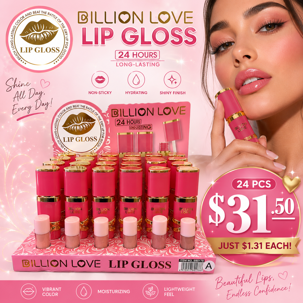 24PCS DISPLAY BILLION LOVE ALL PINK 6 COLOR LIQUID BLUSH B70178