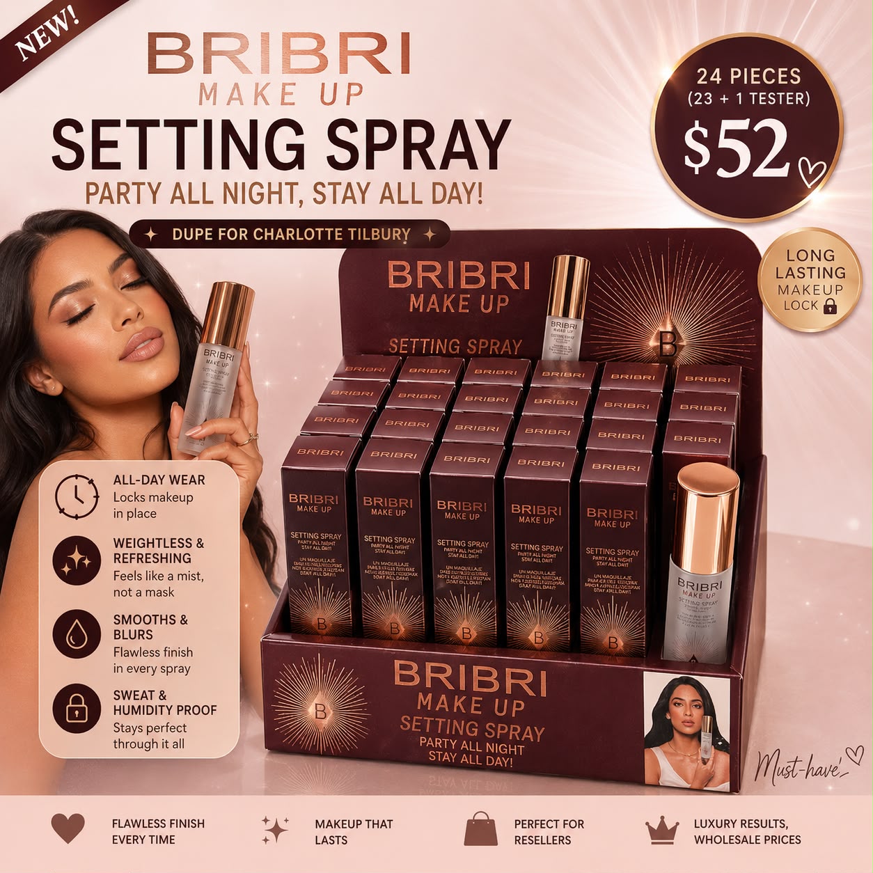 24PCS DISPLAY BRIBRI BEAUTY INSPO CHARLOTTE TILBURY MAKE-UP SETTING SPRAY 1174