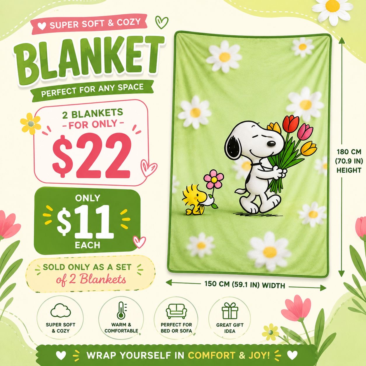 2PCS WHITE DOG & FRIEND GREEN SUMMER BLANKET