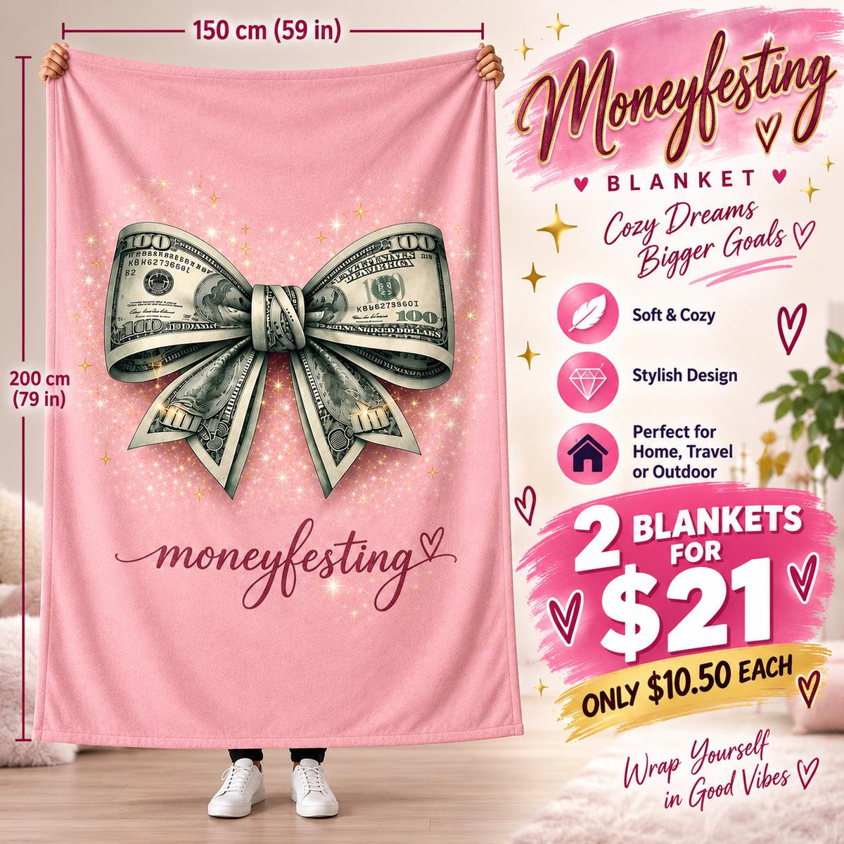 2PCS PINK COQUETTE MONEYFESTING BLANKET D-34