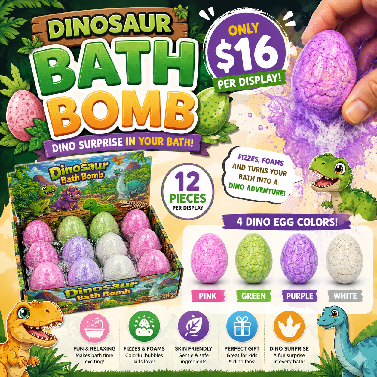 12PCS DISPLAY MYSTERY DINOSAUR BATH BOMBS