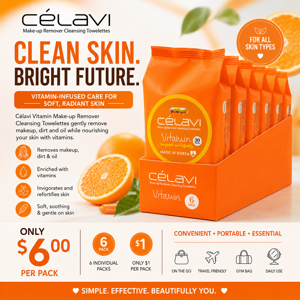 6PCS DISPLAY CELAVI VITAMIN MAKE-UP REMOVER CLEANSING TOWELETTES MT007