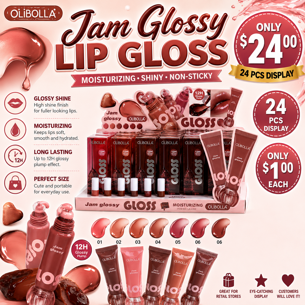 24PCS DISPLAY OLIBOLLA MOISTURIZING JAM GLOSSY GLOSS LA - L352