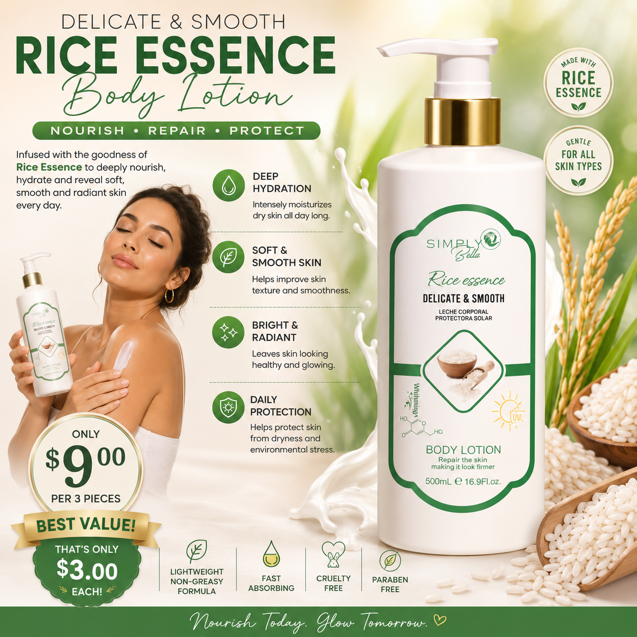 3PCS SIMPLY BELLA RICE ESSENCE DELICATE & SMOOTH SIB1028